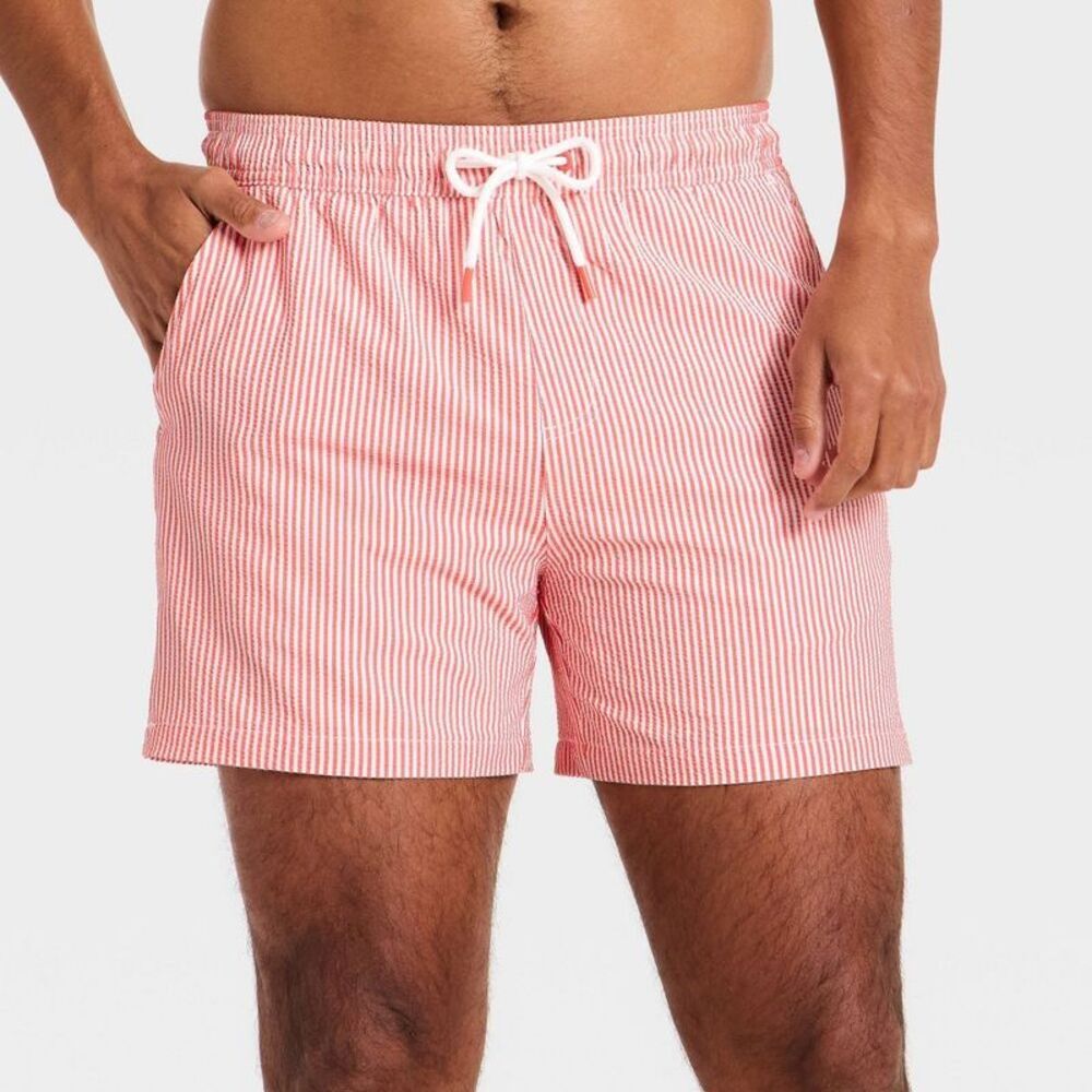 Men's 5'' Swim Trunks with Boxer Brief Liner - Coral Orange Striped L